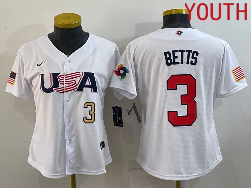 Youth 2023 World Cub USA #3 Betts White MLB Jersey1